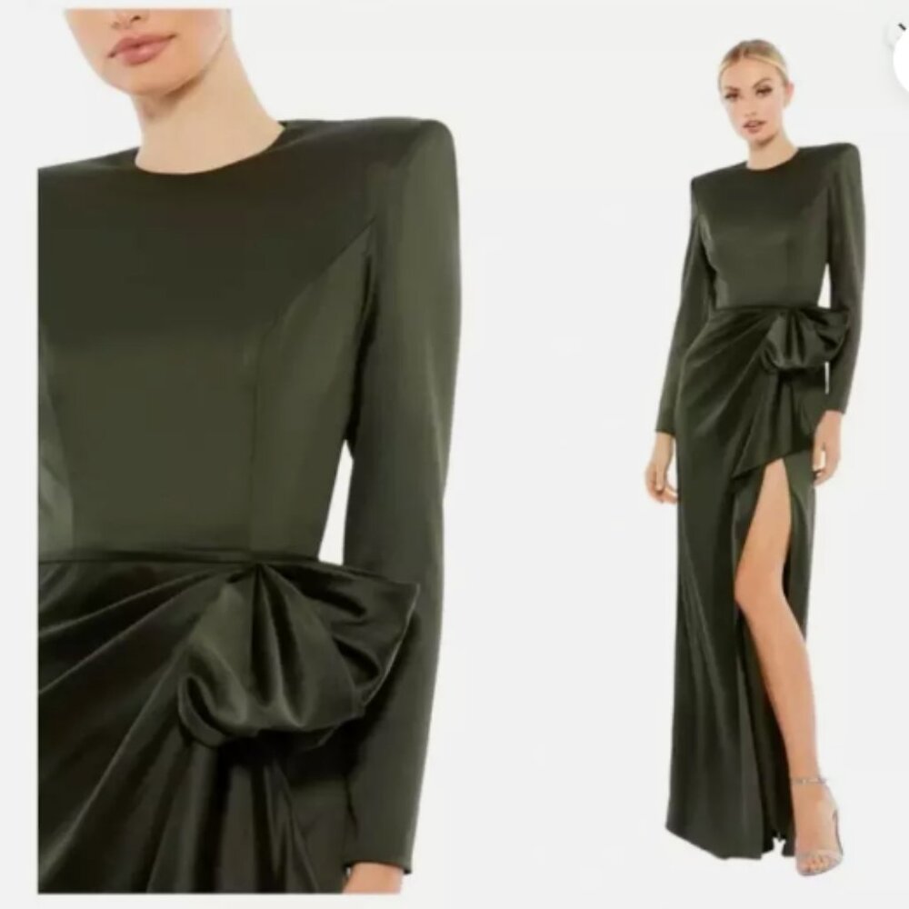 MAC DUGGAL 26676 LONG SLEEVE STRUCTURED BOW DRAPED OLIVE GOWN 14